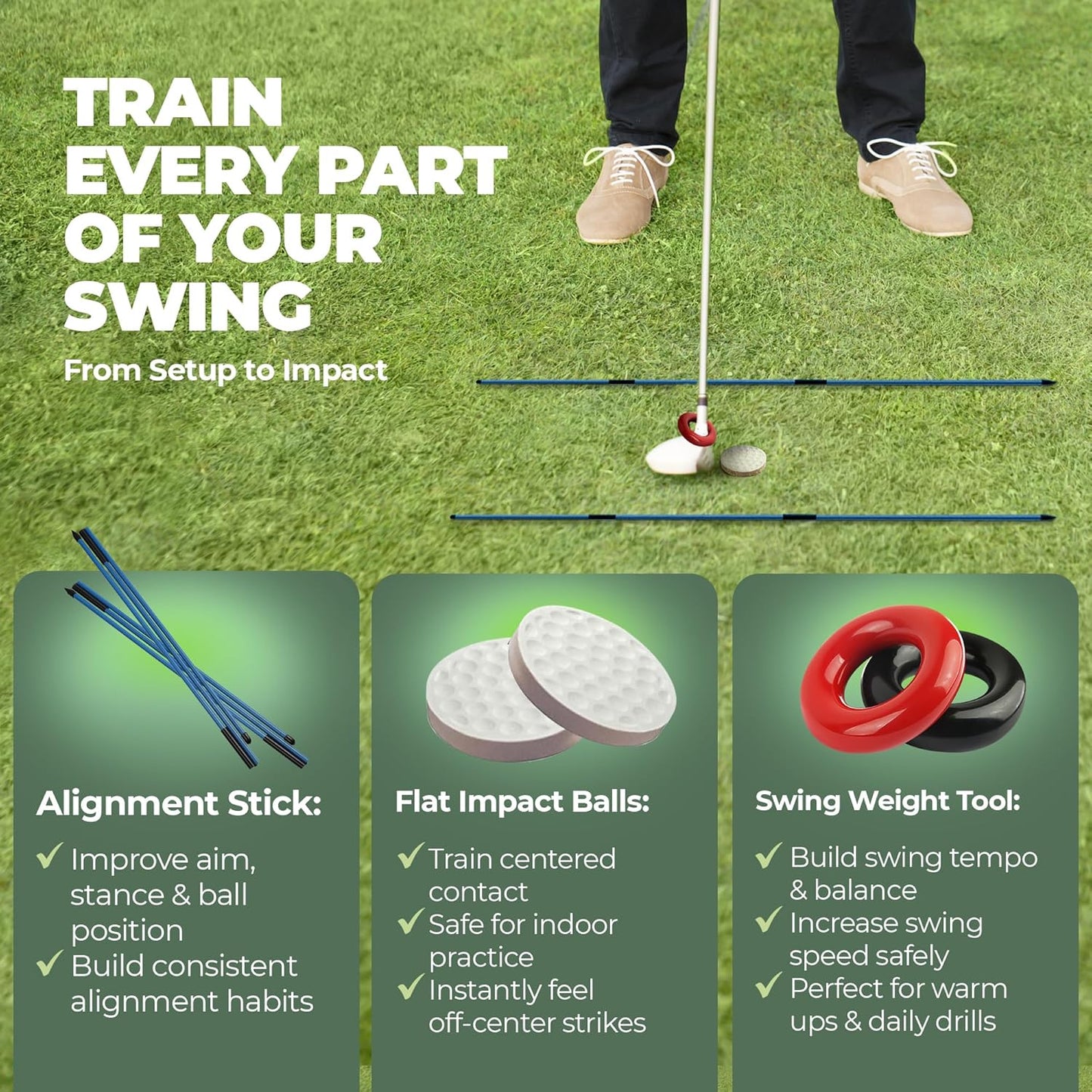 6-in-1 Golf Training Aid w/Divot Board, Golf Grip Trainer, Swing Trainer, Alignment Sticks | Golf Accessories for Men & Women | Hitting Mat Practice Indoor & Outdoor