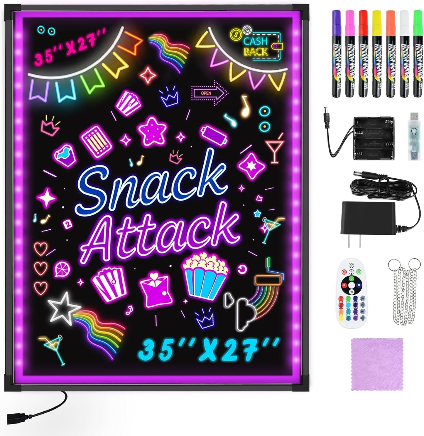Hosim LED Message Writing Board 35"x27" Illuminated Erasable Neon Effect Restaurant Menu Sign with 8 Colors Markers, 7 Colors Flashing Mode DIY Message Chalkboard for Kitchen Wedding Promotions