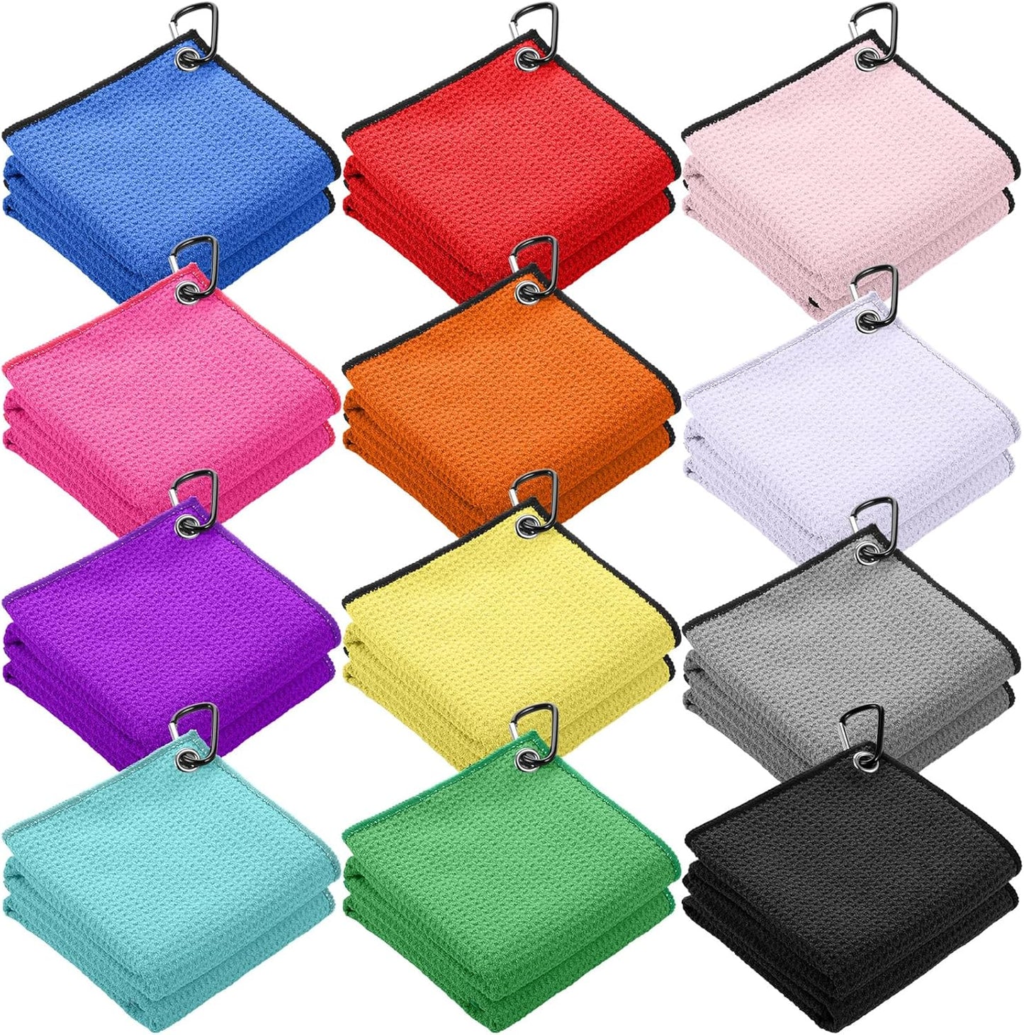 Batiyeer 12 Pcs Golf Towel Bulk for Golf Bags 16'' x 16'' Microfiber Fabric Towel with Clip Waffle Pattern, Fitness, Camping, Hiking, Yoga