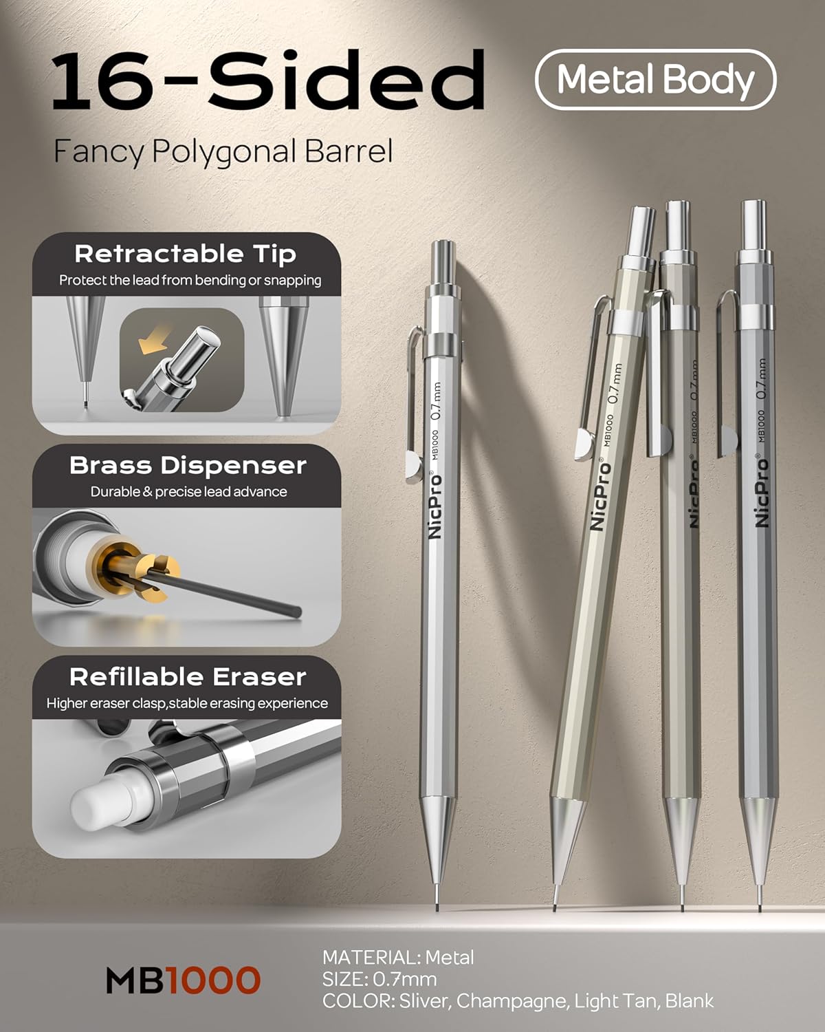 Nicpro 4 Pack Mechanical Pencil 0.7mm with Case, MB1000 Metal Mechanical Pencil Set with 6 Tube HB #2 Lead Refill 0.7 mm, 3PCS 4B Eraser, 9 Cap Eraser for Artist Drafting Writing, Sketching, Drawing