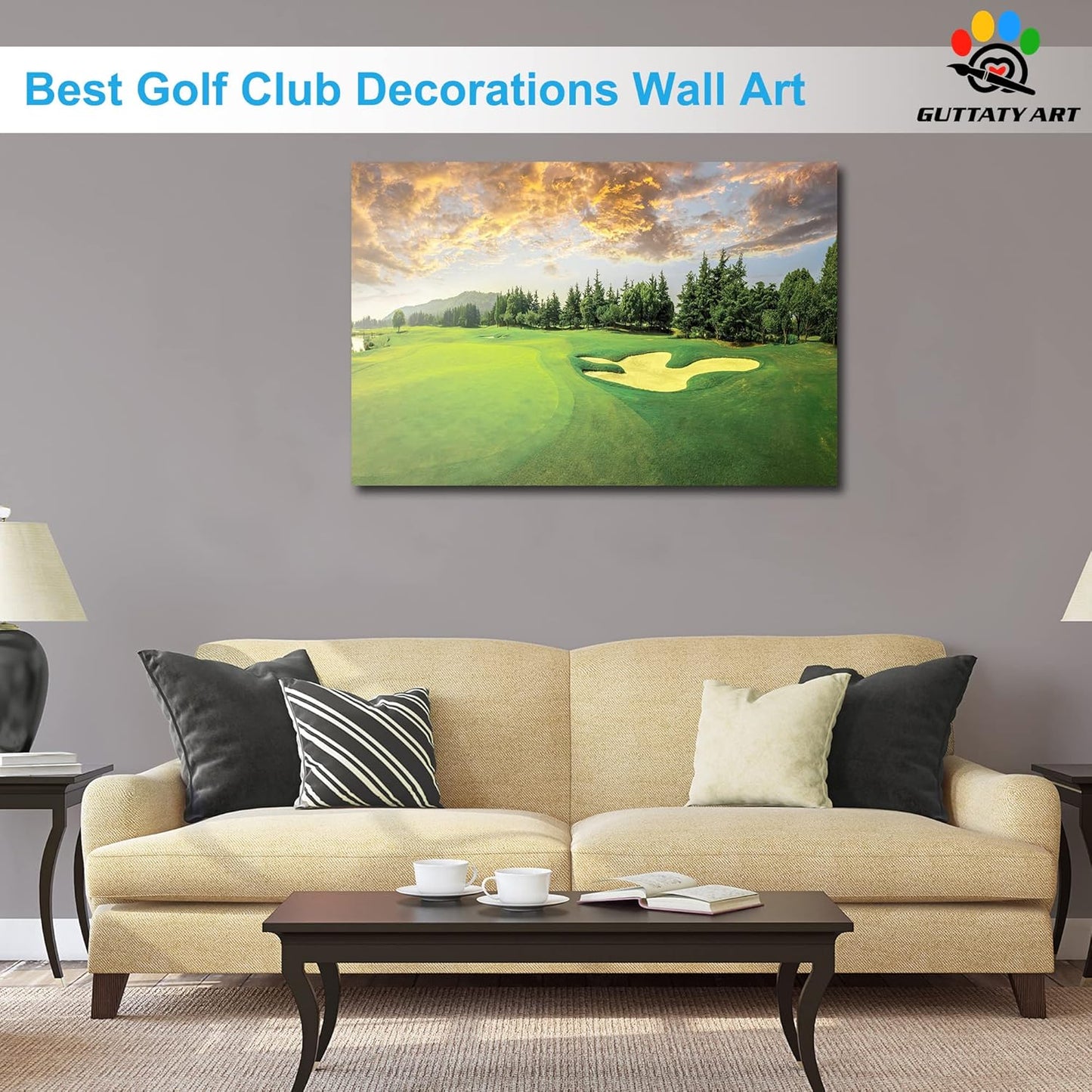 Golf Canvas Wall Art, Green Golf Course Wall Art Painting Prints for Living Room Wall Decor, Sunset Golf Sport Poster Picture for Bedroom Decor, Framed Artwork for Office Home Decoration 32x48 Inches