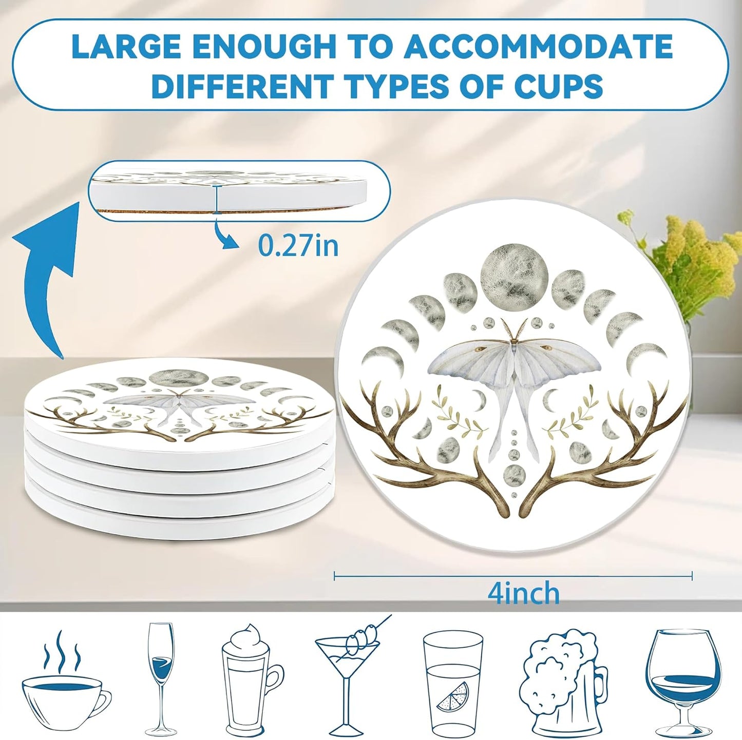 Drinks Coasters Set of 4, Luna Moth Round 4" Cup Coasters, Absorbent Ceramic Stone Coasters with Cork Base, Cute Coasters for Table Home Décor, Ideal Gifts for Women Men