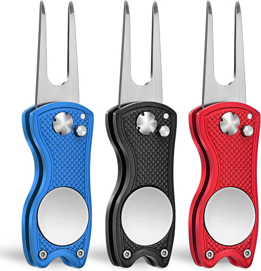 Mile High Life Golf Divot Repair Tool, All Metal Foldable Divot Tool with Pop-up Button & Magnetic Ball Marker, 2-6 Pack