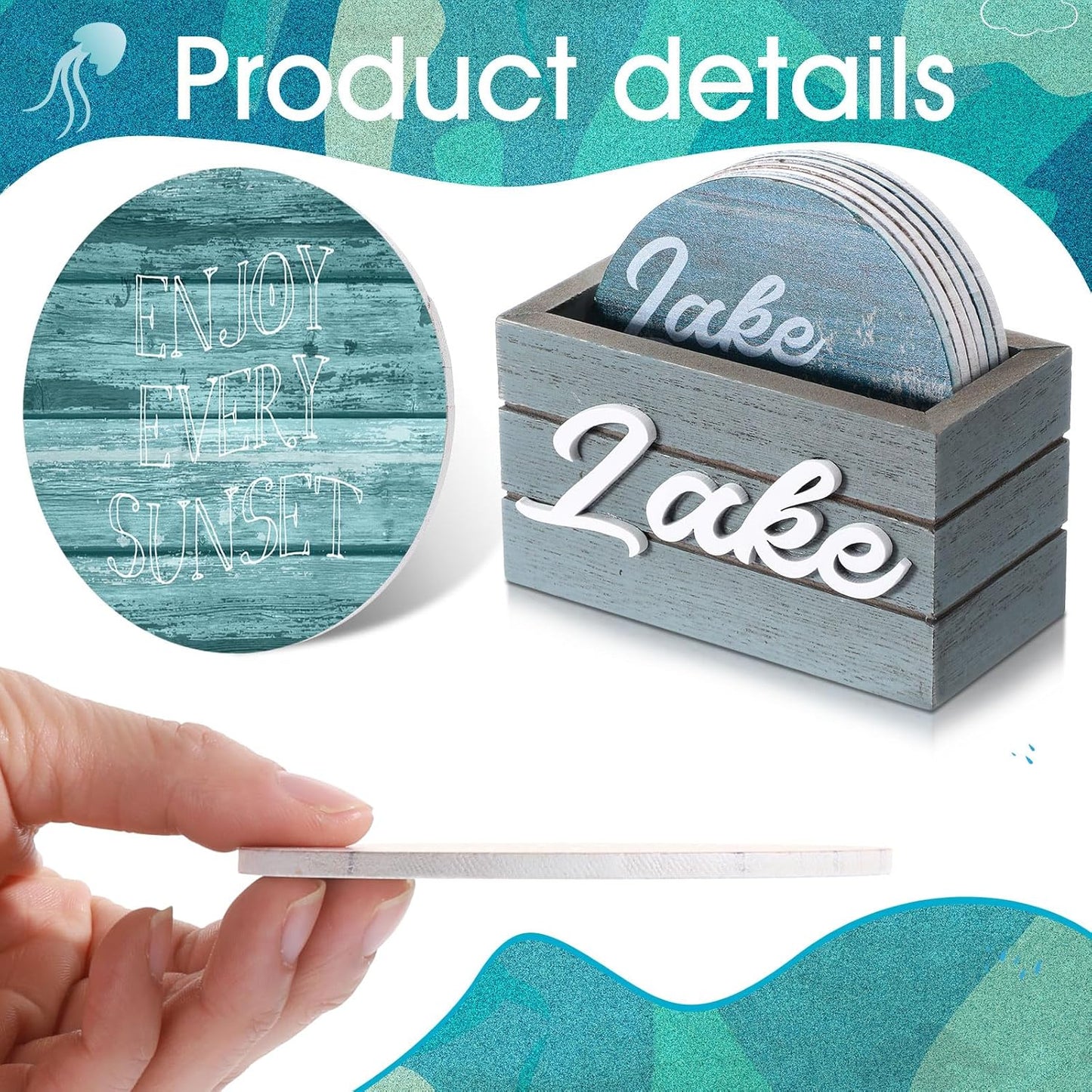 Queekay 6 Set Lake Theme Coasters with Holder for Drinks, Lake Lovers House Gifts, 4'' Wooden Coasters with Sayings Housewarming Gifts for Home Bar Coffee Table Decorations(Blue Color)