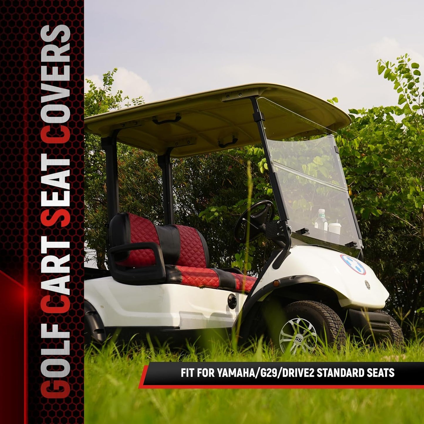 Golf Cart Front Seat Covers for Yamaha Drive 2007-2016/Drive 2 2017+ Front OEM Universal Seat Cushion, Marine Grade Vinyl Leather Seat Covers/Easy to Install-Deep Red(2PCS)