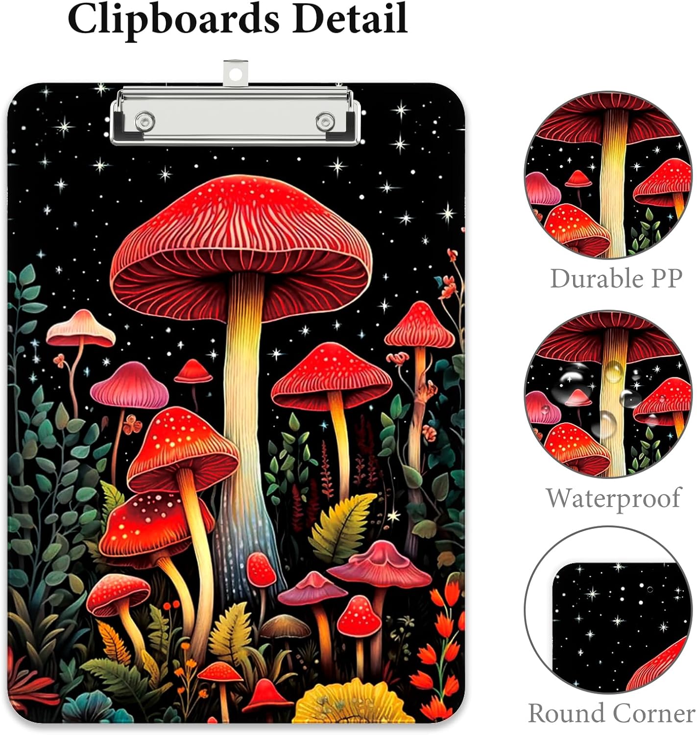Rimilak Plastic Clipboards with Metal Clip, A4 Letter Size 9 x 12.5 in, Office Decorative for Students Women Men and Kids, Cute Custom Pattern, Red Mushroome
