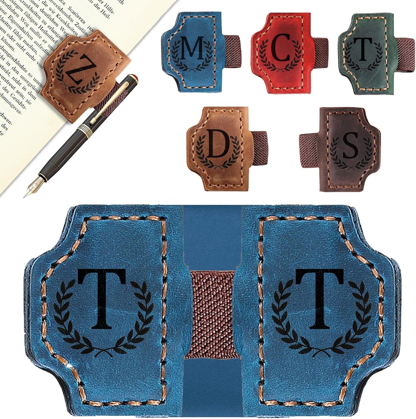 Bygone Mark Bookmark with Pen Holder, 26 Letters Name Initial Personalized Magnetic Bookmarks, Leather Book Mark for Men Women, Travelers Accessories, Teachers Readers Book Lovers Gifts (Blue, T)