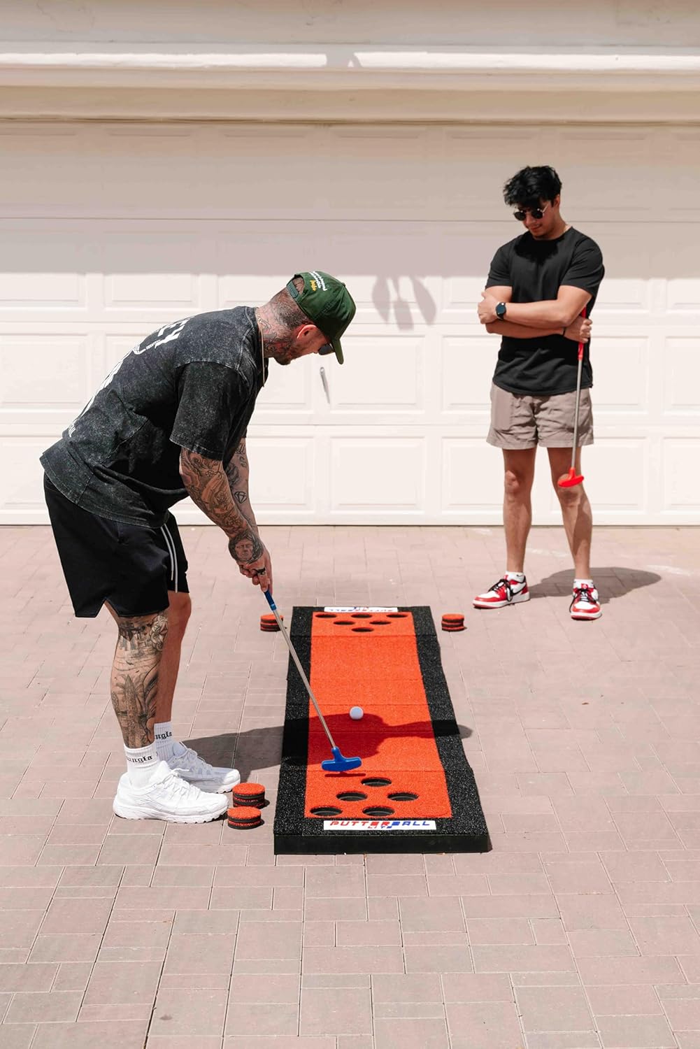 PutterBall Lite Original Golf Putting Game Set – Backyard 9 ft Putting Green Pong Style Golf Mat with 2 Putters, 2 Balls & Hole Covers