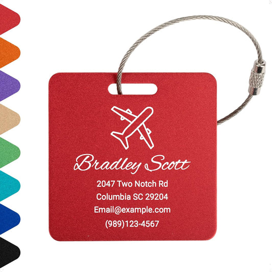 Personalized Luggage Tags for Suitcases Custom Metal Name Tags for Backpacks Bags Travel - Square (Red)