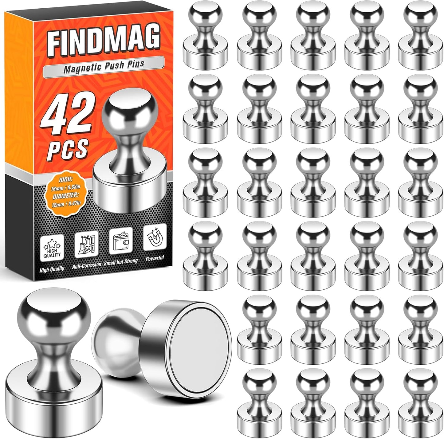 FINDMAG Fridge Magnets, Strong Neodymium Magnets Refrigerator, Heavy Duty Locker Magnet for Adults, Cool Push Pins Magnet for Kitchen, Office, Whiteboard, Classroom Organization, 42 Pack (Silver)