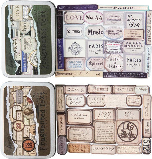 Vintage Fragmented Label Stickers, 400 PCS Washi Ephemera for Scrapbooking, Journaling, Crafting, DIY Projects, Diaries, and Art Supplies - 2 Iron Boxes Included