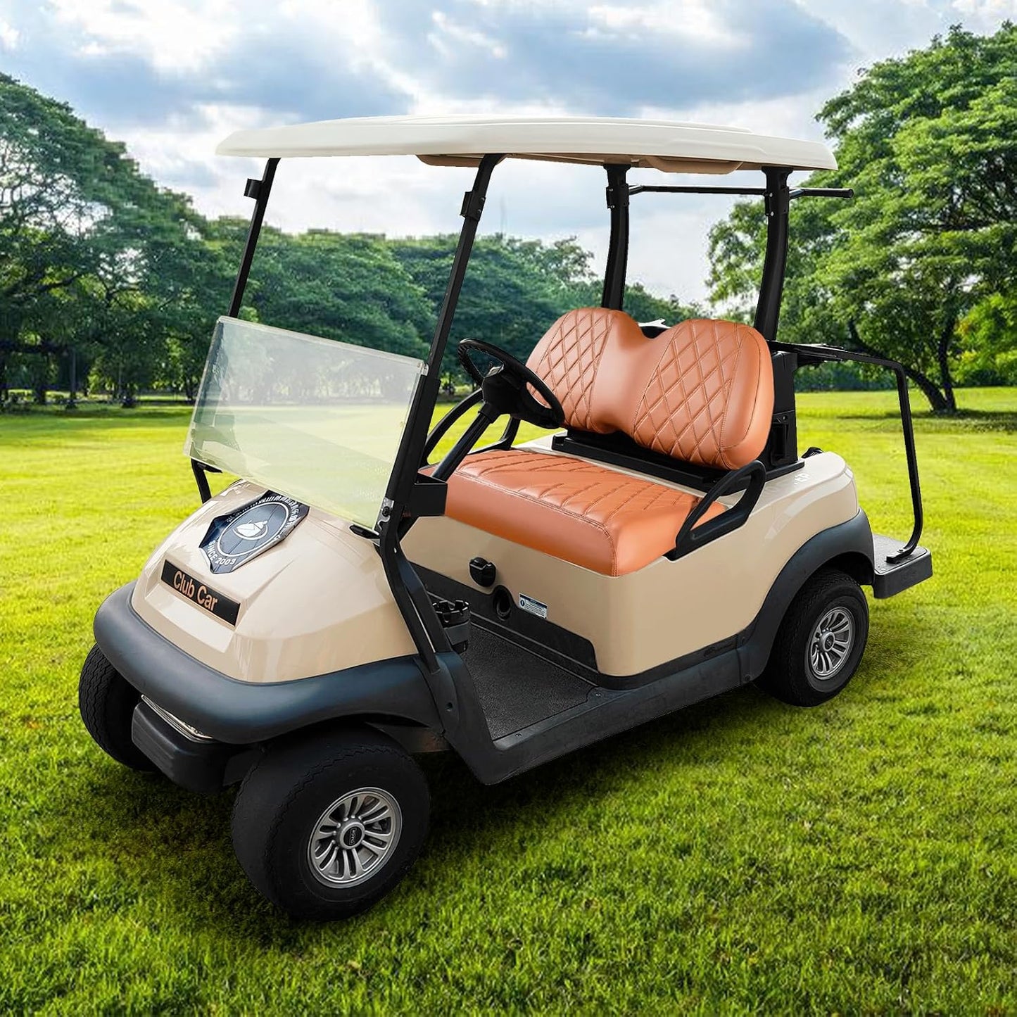 Golf Cart Seat Cover for Club Car Brown Precedent Ordinary Front Seat Cushion, Thick Vinyl Leather Custom Diamond Comfortable, Adjustable Straps and Retractable Buckle/No Nails Required