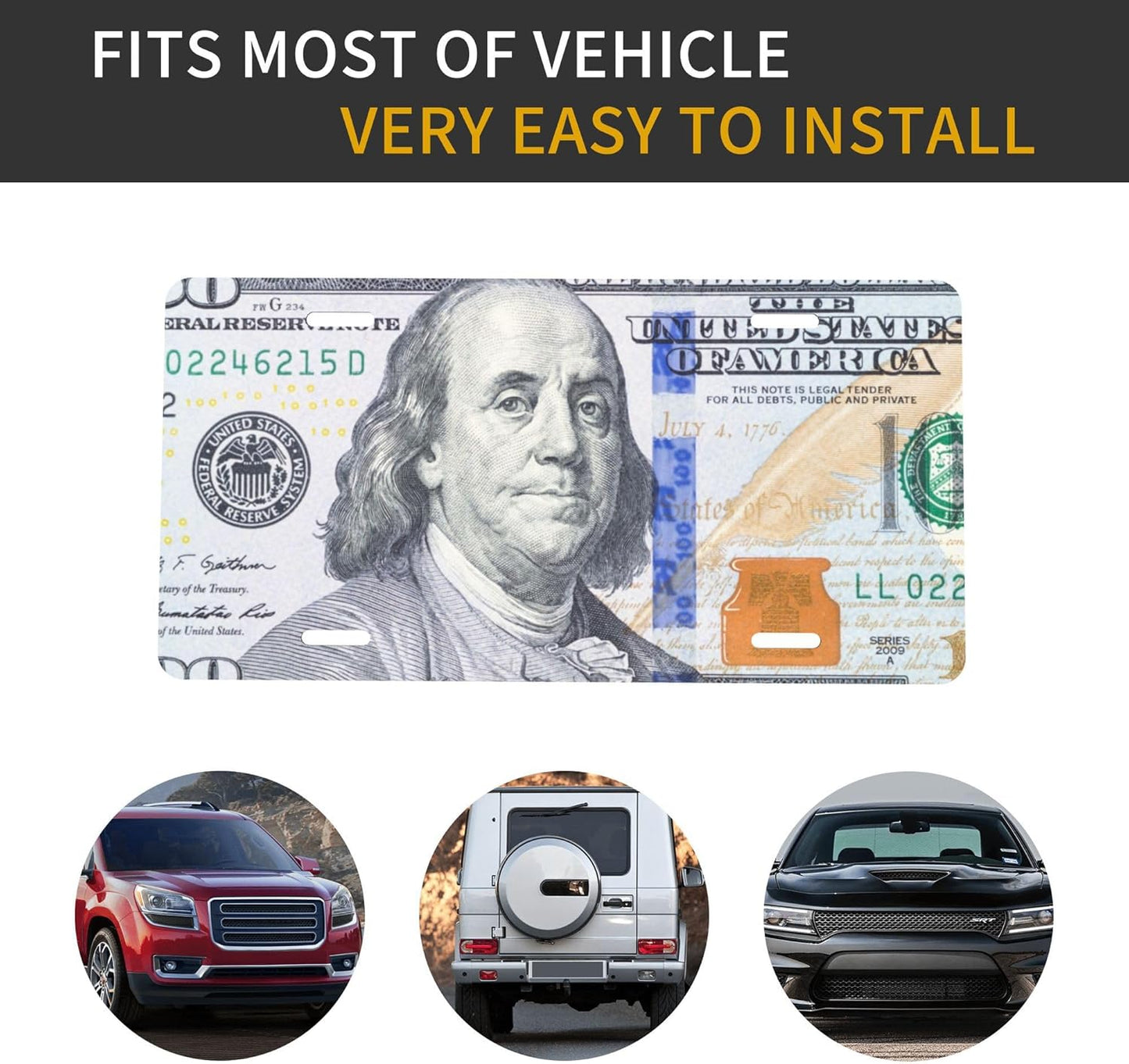 Front License Plate for Car Designs Hundred Dollar Bill Portrait Stainless License Plate Cover Holder for Men Women Metal Aluminum Decorative Accessory Vanity Tag Standard 6 X 12 Inch (4 Holes)