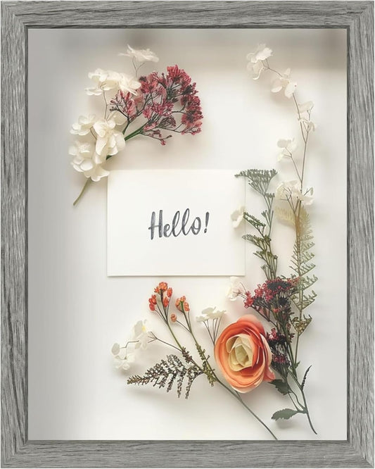 FrameWorks 11x14 Driftwood Wooden Shadow Box Frame – Soft Felt Back, Tempered Glass, and Included Elegant White Ball Push Pins