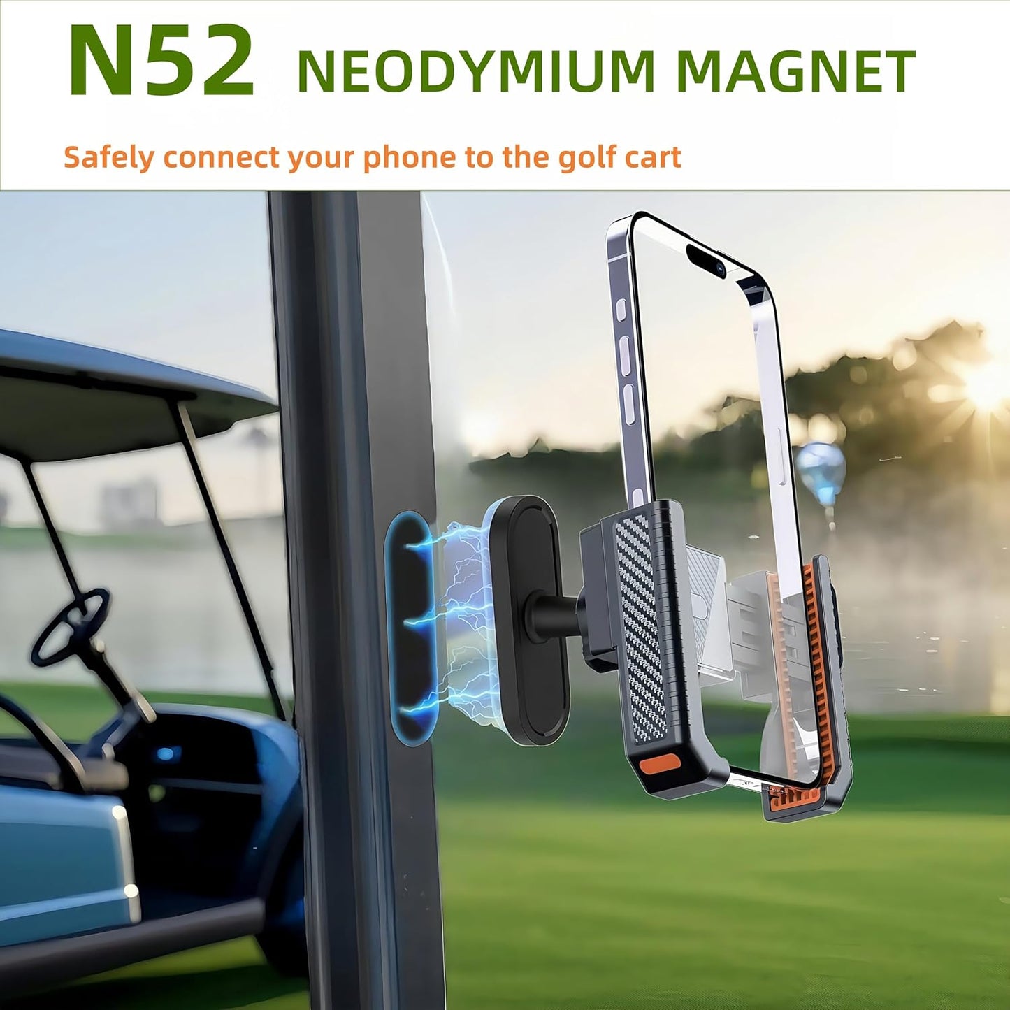 Golf Cart Phone Holder Magnetic - N52 Magnets 360° Rotation Dual Lock System Fits iPhone & Samsung | Golf Cart Phone Mount for EZGO, Club Car, Yamaha | Golf cart Accessory & Great Gift