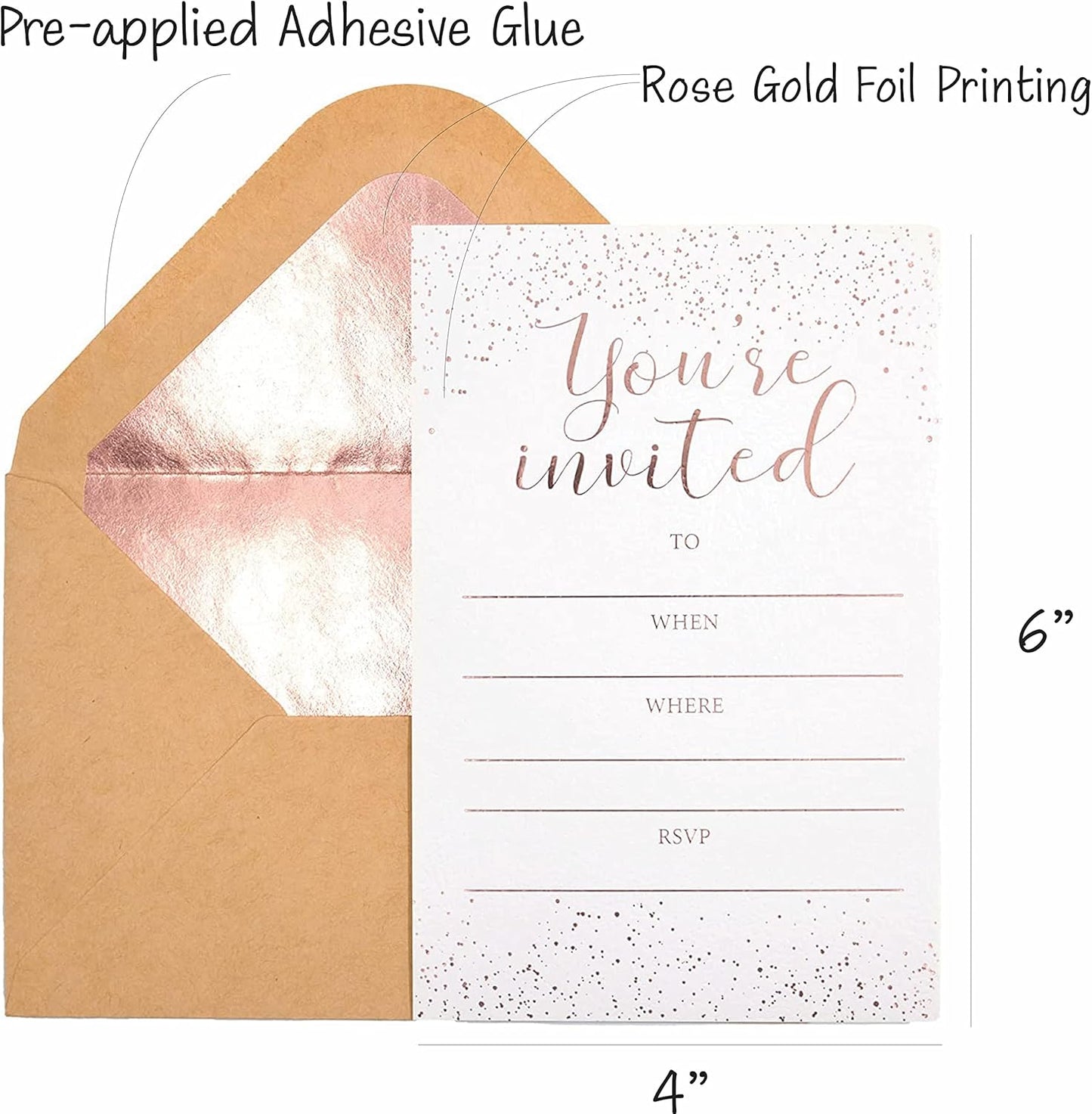 Invitation Cards - 24-Count 4" x 6" White Invitation Cards ‘’You Are Invited’’ in Rose Gold Foil with 26 Foil Kraft Envelopes – Invitation Cards For Wedding, Bridal Shower, Baby Shower, Birthday