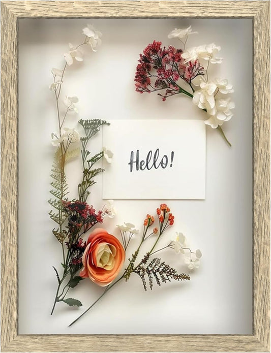 FrameWorks 12x16 Driftwood Wooden Shadow Box Frame – Soft Felt Back, Tempered Glass, and Included Elegant White Ball Push Pins