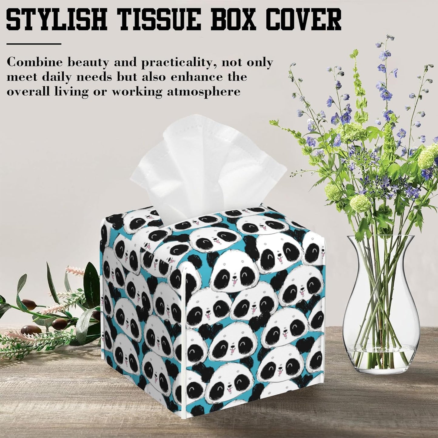 Cute Panda Tissue Box Cover Square, Tissue Box Holder Leather Facial Paper Case Decorative Organizer Holder Dispenser Home Office Car Decor