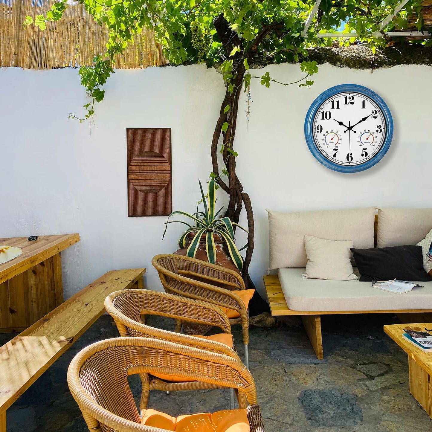 JENLYSTIME 16 Inch Blue Vintage Waterproof Indoor/Outdoor Wall Clock with Thermometer & Hygrometer, Large Numerals & Silent Sweep Movement - Ideal for Porch, Garden, Pool, Bathroom