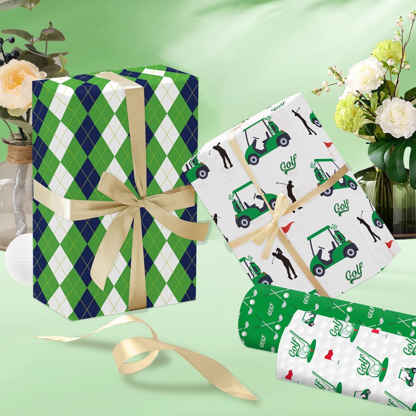 EoBeCy Golf Wrapping Paper for Men Boys, 12 Sheets Folded Gift Wrap with Golf Carts, Flags, Clubs, Green and Blue Argyle Designs, Sports Wrapping Paper for Father’s Day Birthday Retirement, 20"×28"