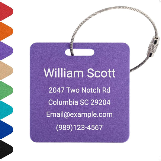 Personalized Luggage Tags for Suitcases Custom Metal Name Tags for Backpacks Bags Travel - Square (Purple)
