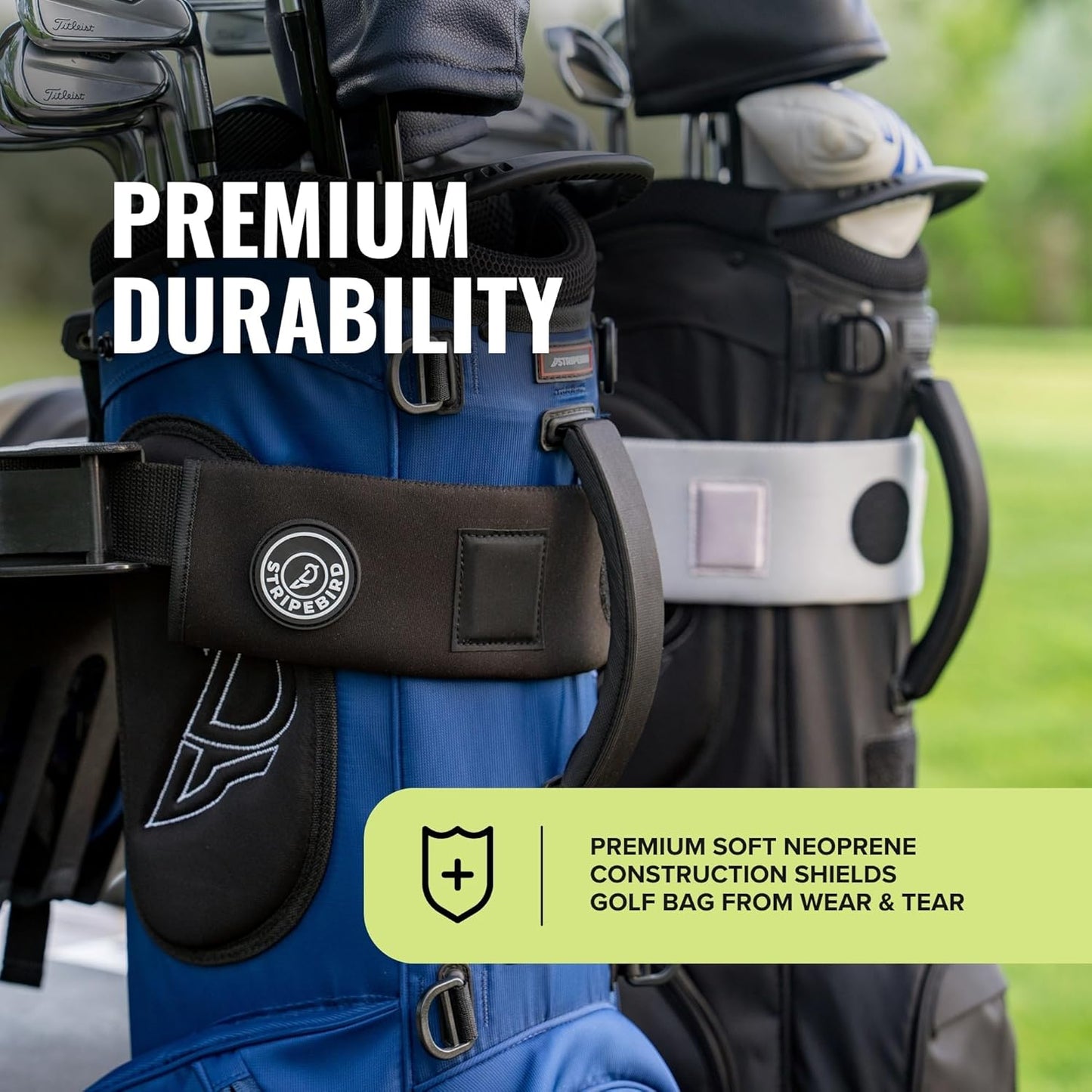 Stripebird - Premium Golf Cart Strap Sleeve Protector - Save Your Golf Bag from Golf Cart Straps - Includes Magnetic and Steel Plate for Magnetic Golf Accessories