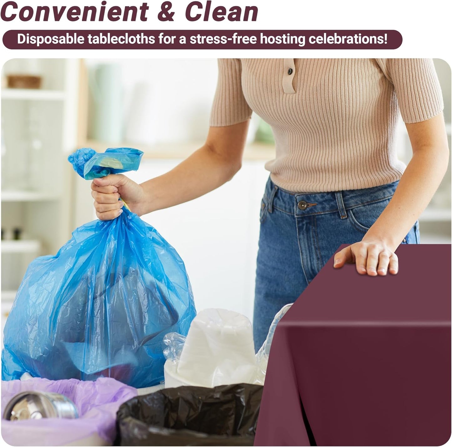 QZYL 12 PCS Wine Plastic Tablecloths, 54 in x 108 in Dinner Table Cloths, Rectangle Table Cover for Birthday Party Family Gathering Wedding