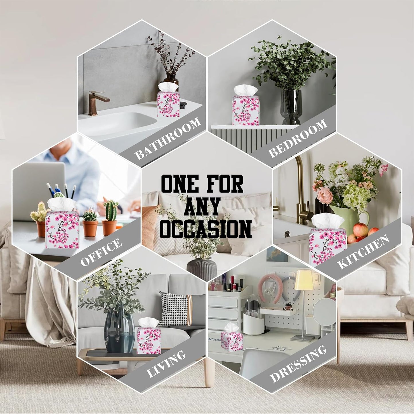 Cherry Blossom Flowers Tissue Box Cover Square, Tissue Box Holder Leather Facial Paper Case Decorative Organizer Holder Dispenser Home Office Car Decor