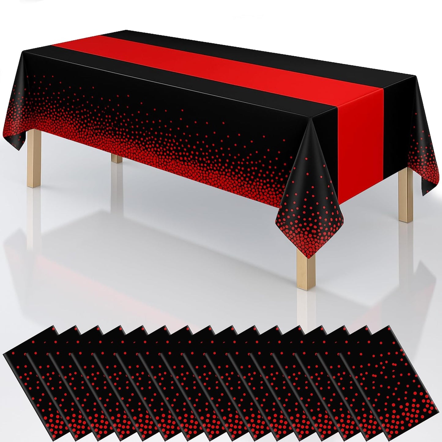 2in1 Disposable Plastic Tablecloths 54" x 108" Black and Red Dot Kitchen Table Cloth Rectangle Table Cover for Wedding Birthday Baby Shower Anniversary Christmas Graduation (Black/Red, 16 Pack)