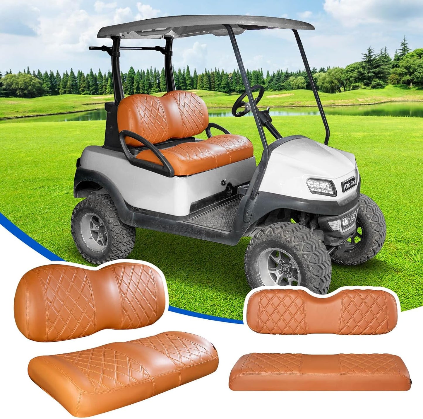 NOKINS Golf Cart Diamond Front&Rear Seat Covers Kit, Front Seat Covers Fits Club Car Precedent/Tempo/Onward Premium Seat Cushion, Rear Seat Covers Fits Aftermarket Standard Cushion (All Brown)