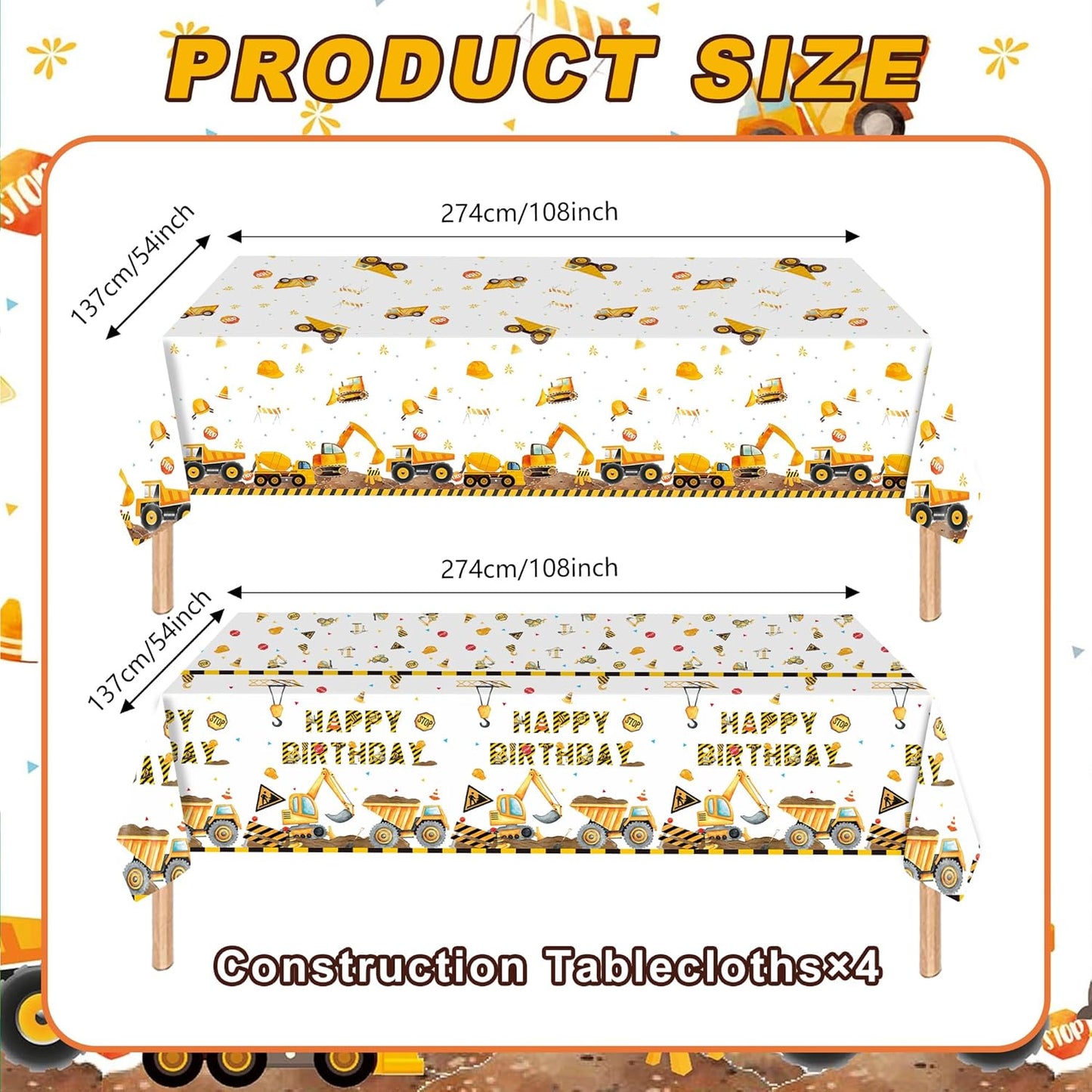 4 Pcs Construction Birthday Party Tablecloths Construction Table Covers for Kids' Boys' Construction Birthday Decorations 54 x 108 Inches