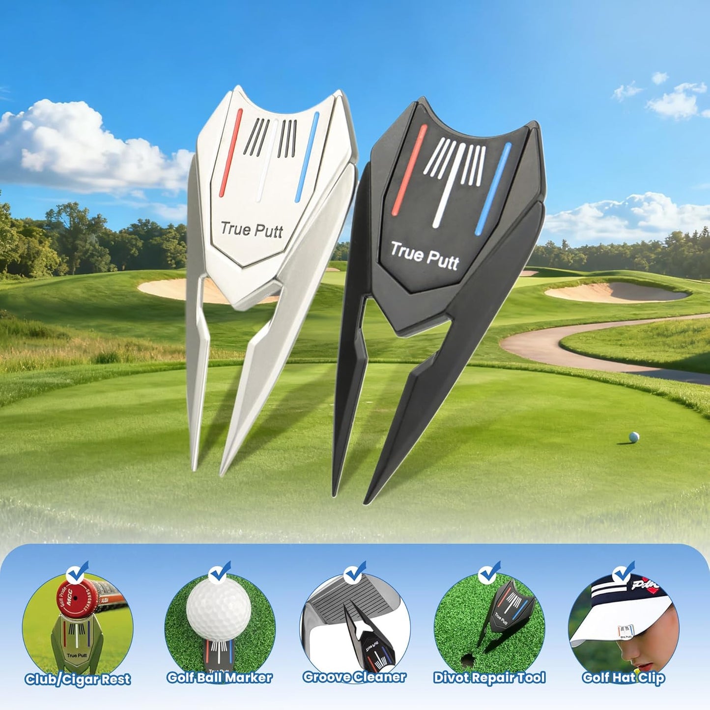 Multifunctional Golf Divot Repair Tool with Strong Magnetic Golf Ball Marker & Hat Clip, Metal Golf Ball Cleaner with Thin Tips, Suitable for Both Men and Women, and can be Used as a Gift