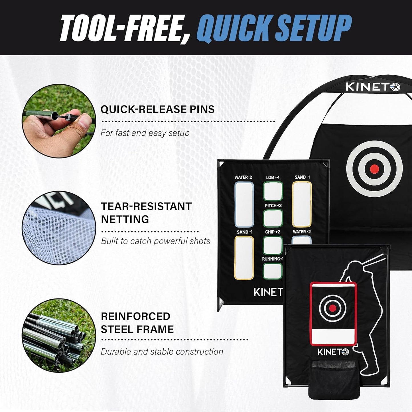 Kineto Training Set – Golf Swing Net, 8-Zone Chipping Target, Baseball Pitch Trainer – Durable, Portable, Tool-Free net for Backyard or Indoor use