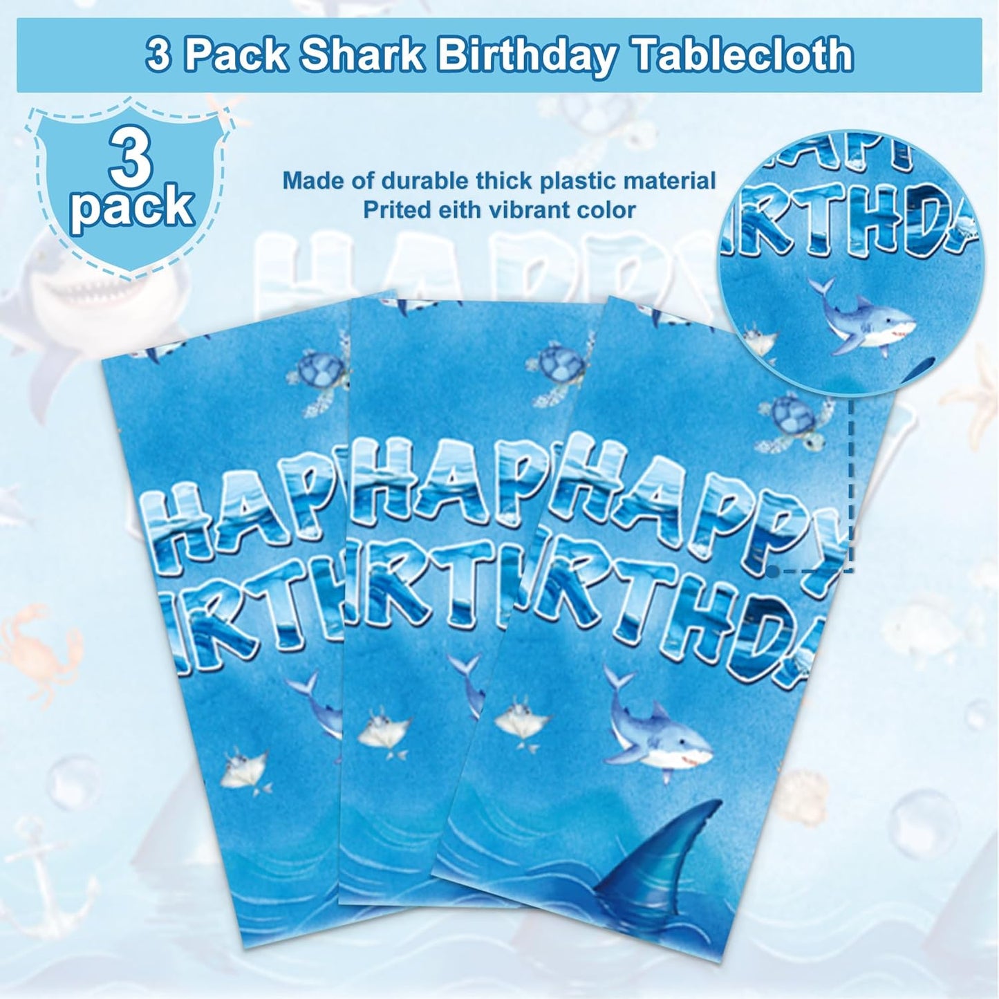 3 PCS Shark Tablecloth Party Supplies Shark Themed Birthday Party Decorations，54 x 108inch