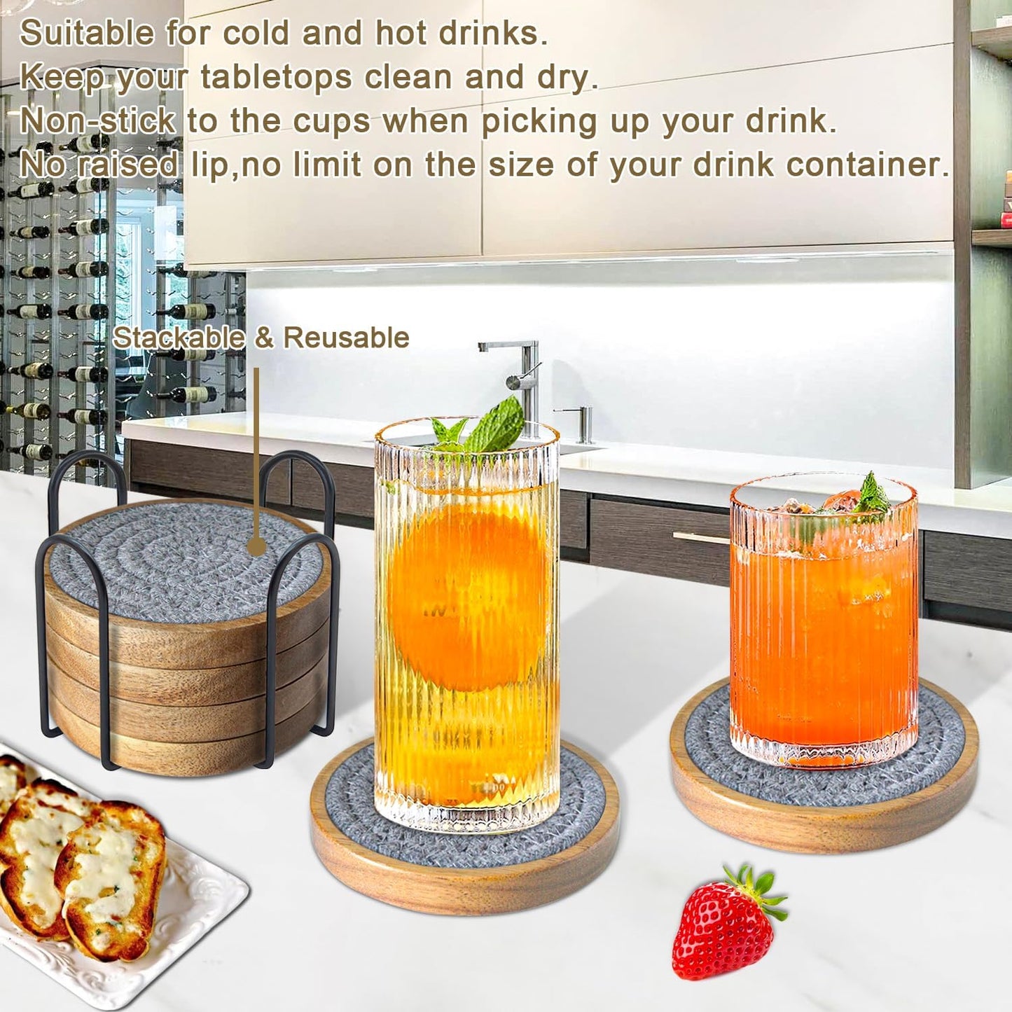 6 Pack Coasters for Drinks Absorbent, 4.3 inches Cute Coasters for Kitchen, Farmhouse, Bar, and Office (Gray)