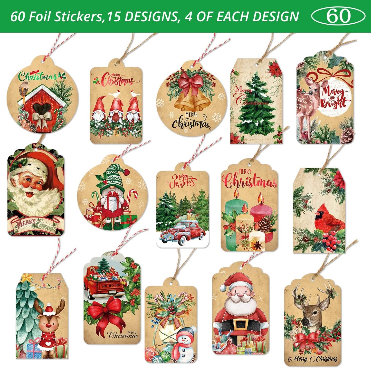 Christmas Gift Tags 60 Count with Untied String 15 Assorted Foil, Printed Designs for DIY Xmas Present Wrap and Label Package Name Card