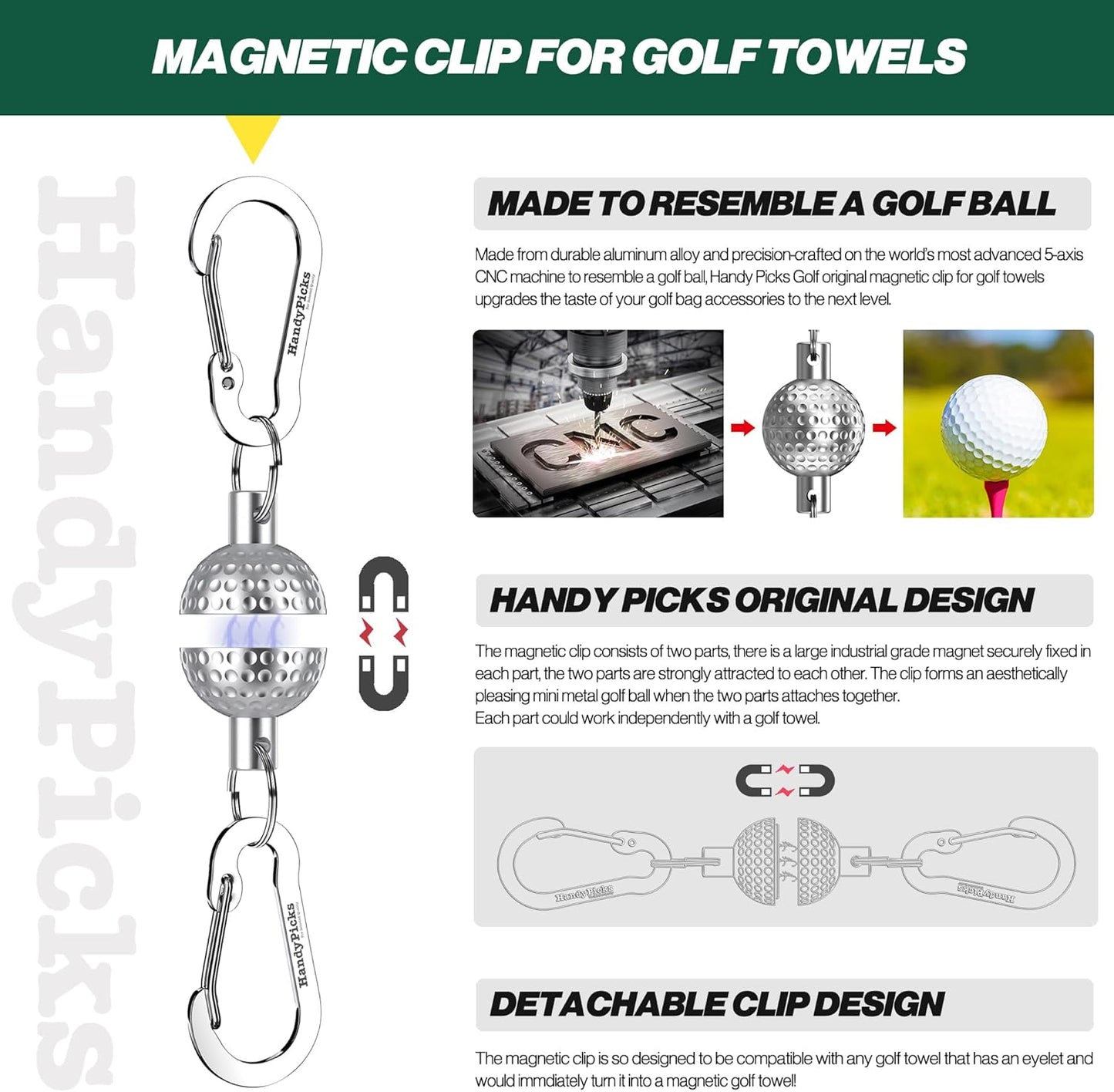 Handy Picks Magnetic Clip for Golf Towels, Original Mini Golf Ball Design, Industrial Neodymium Magnet for Strong Hold to Cart or Clubs, Essential Golf Accessory for Golf Lovers