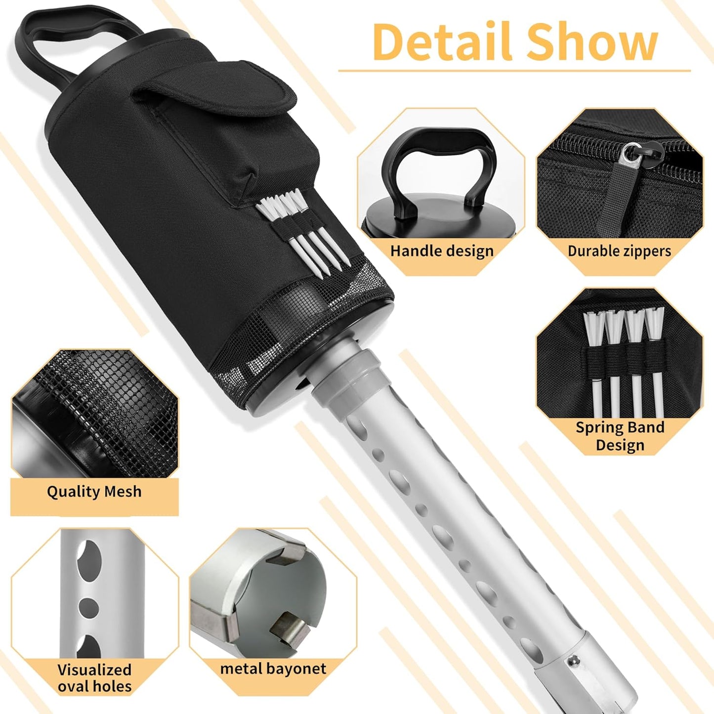 AKOZLIN Golf Ball Retriever Portable Shag Bag Golf Ball Pick Up Collector with Detachable Aluminum Tube Tee Holder, Pocket Shagger Storage