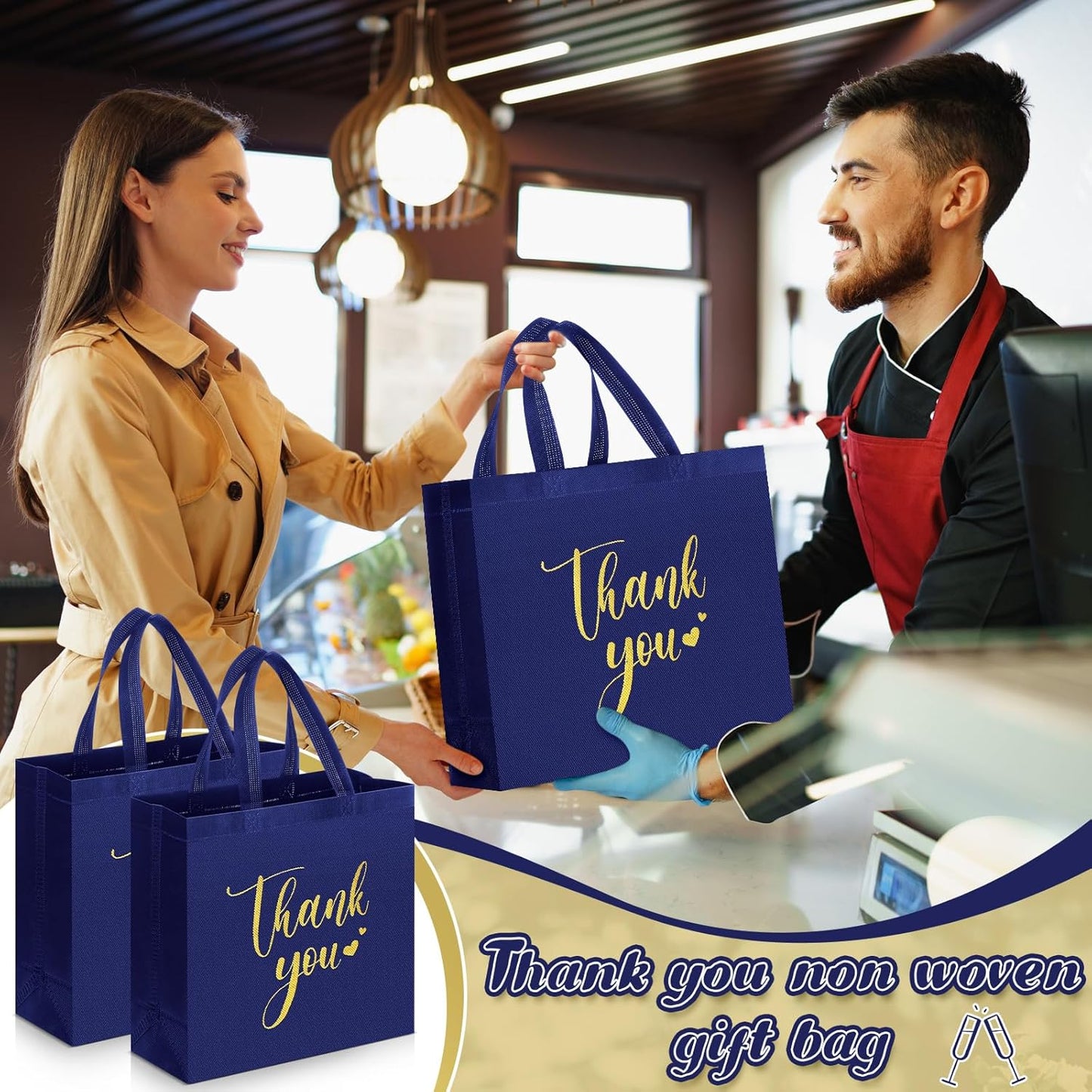 Sweetude 30 Pcs Thank You Gift Bags with Handles Bulk Reusable Goodie Bag Non Woven Foldable Handbag for Graduation Wedding Bridesmaid Gifts(11 x 12 x 5 Inch, Navy Blue)