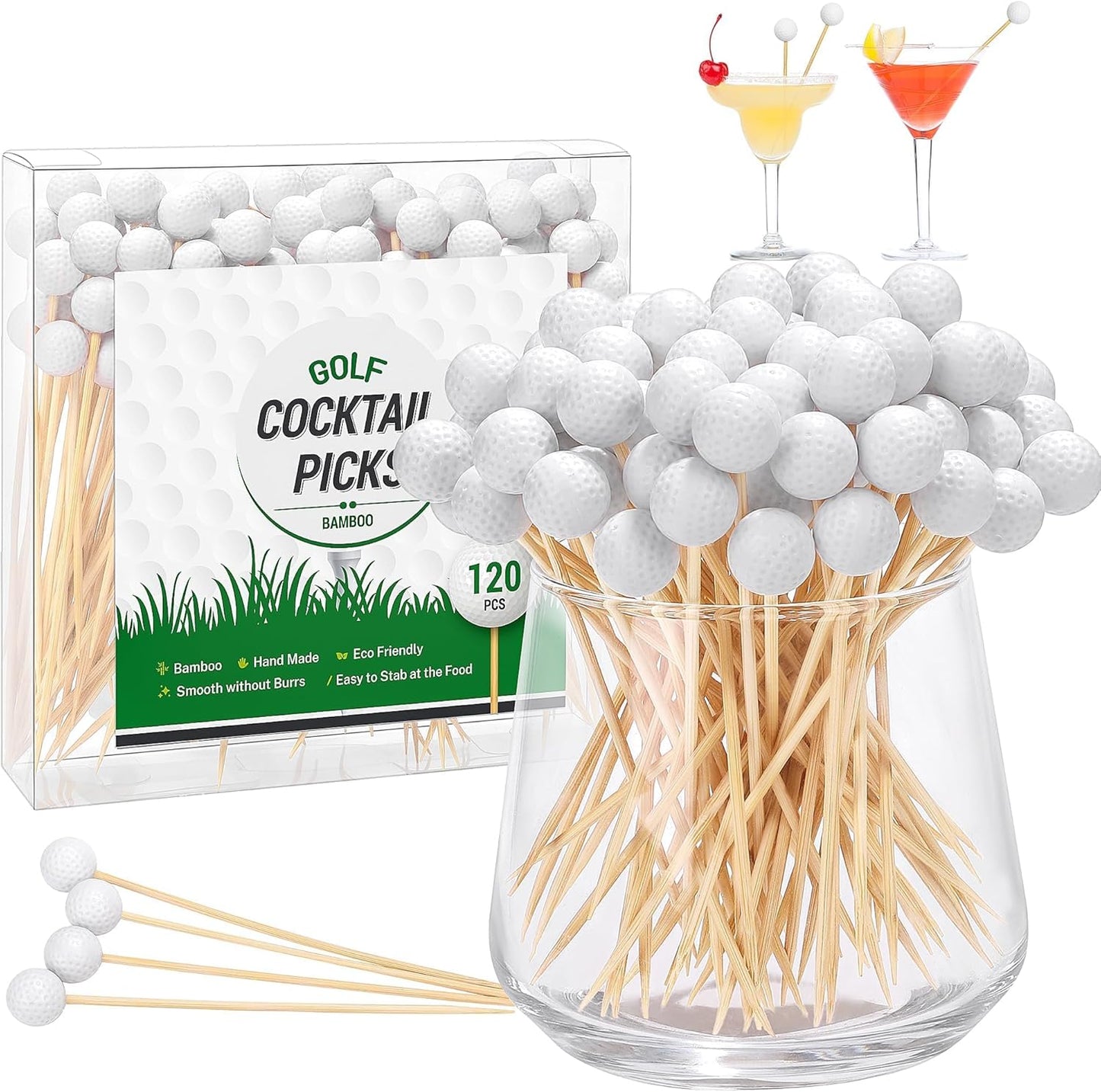 Aodaer 120 Pieces Golf Cocktail Picks, 4.72 Inch Golf-Themed Ball Toothpicks for Appetizers, Disposable Fruit Sandwich Bamboo Skewer Picks for Sports Party Decoration, Catered Events, Buffet Supplies