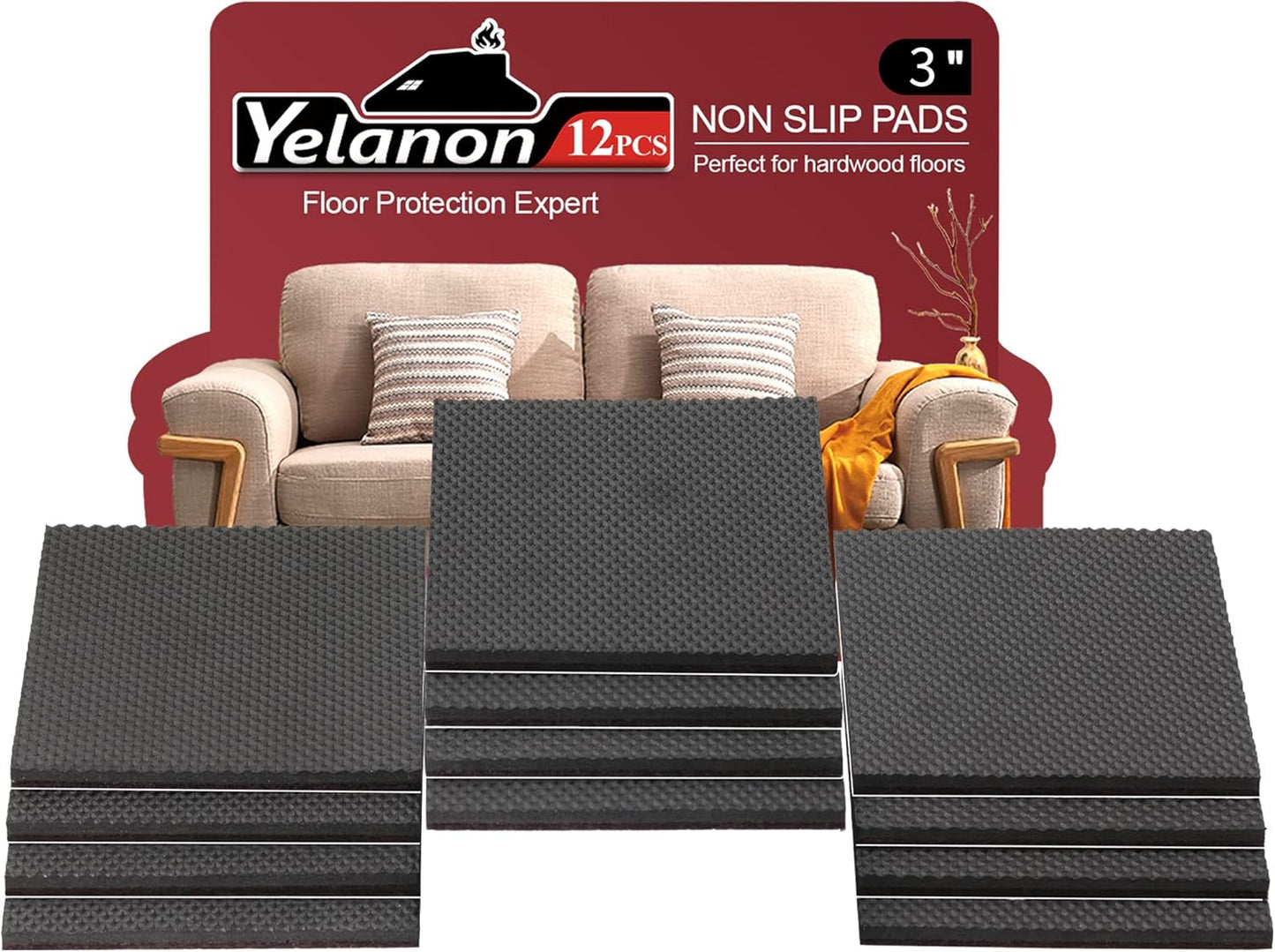 Yelanon Non Slip Furniture Pads -12pcs 3’’ Furniture Grippers Non Skid for Furniture Legs,Self Adhesive Rubber Feet Furniture Feet, Anti Slide Hardwood Floors Protectors for Keep Couch Stoppers