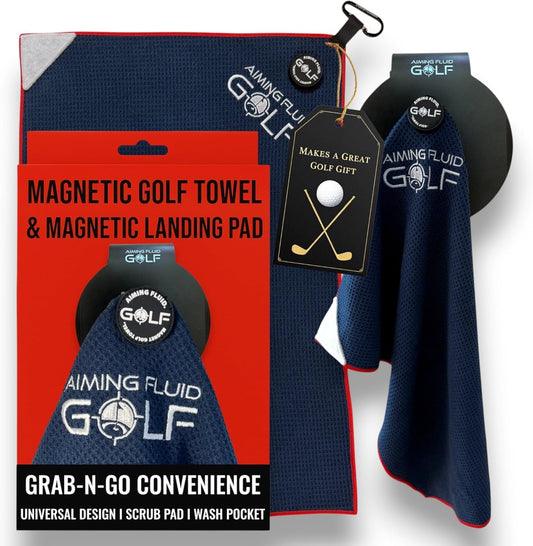 Magnetic Golf Towel & Magnetic Landing Pad – Premium Microfiber Waffle Weave I Scrub Pad I Wash Pocket I Golf Gift I Cart Carry and Tour Bag (Magnetic Landing Pad & Golf Towel 16" x 24" Blue)