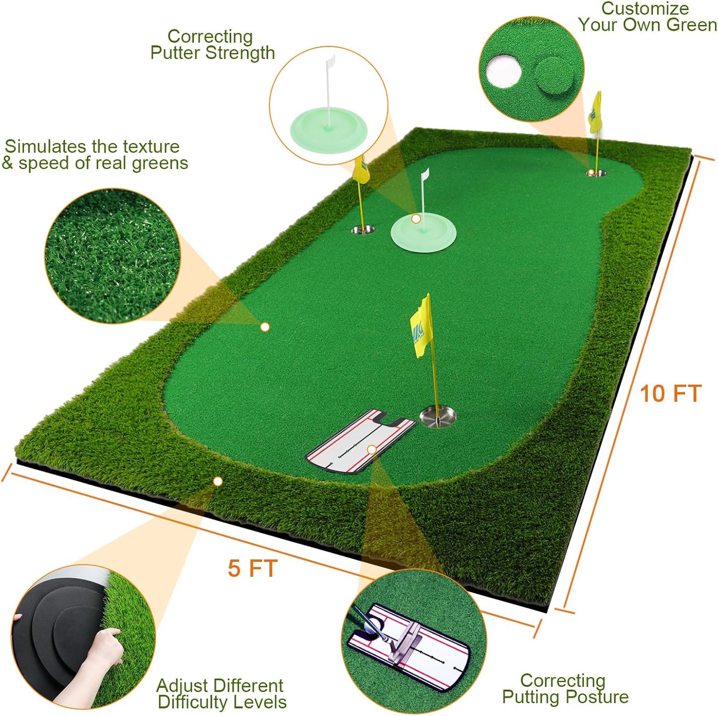 Golf Putting Green Large Golf Mat Practice Indoor Outdoor - 5 x 10 ft Pro Putting Trainer Game for Home Backyard Office