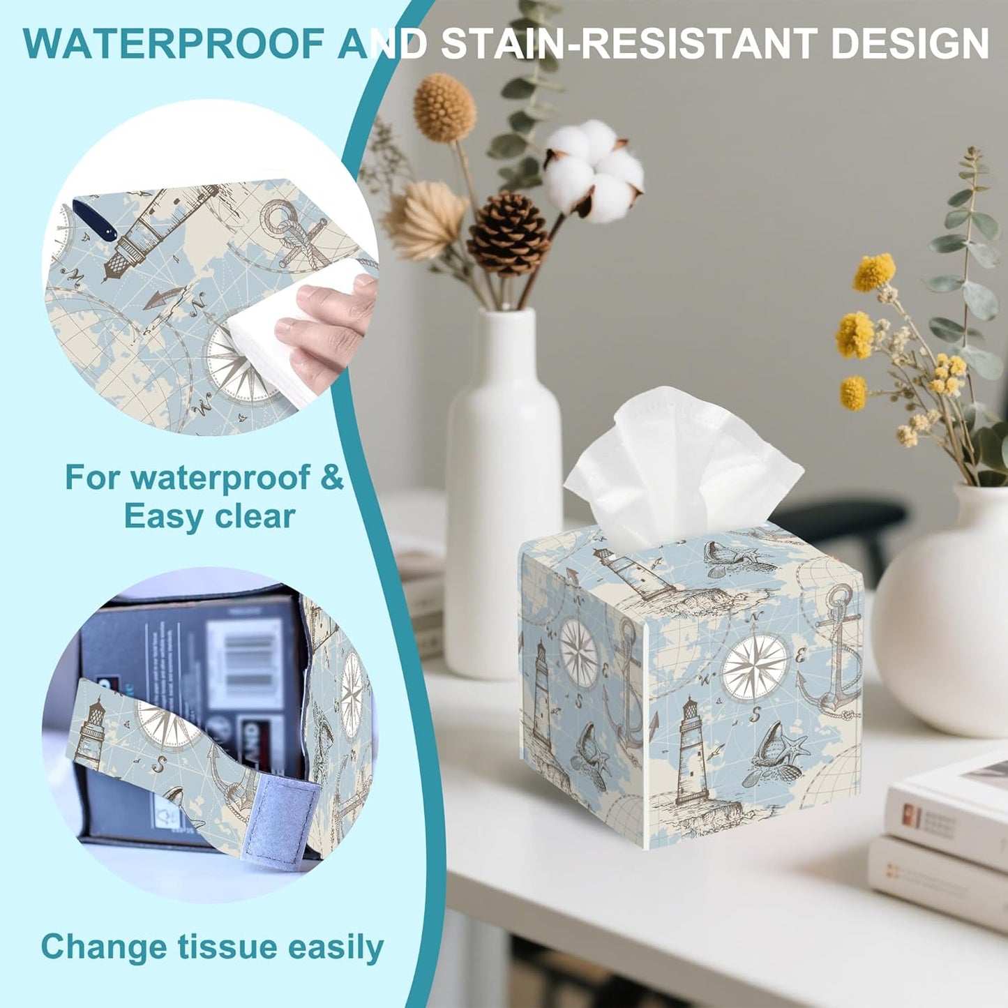 Compass Sea Map Tissue Box Cover,Anchor and Seashells Tissue Box Holder Square,Waterproof Leather Organizer Portable Decorative Facial Paper for Bedroom Dresser Night Stand Office,5.2" x 5.2" x 5.2"