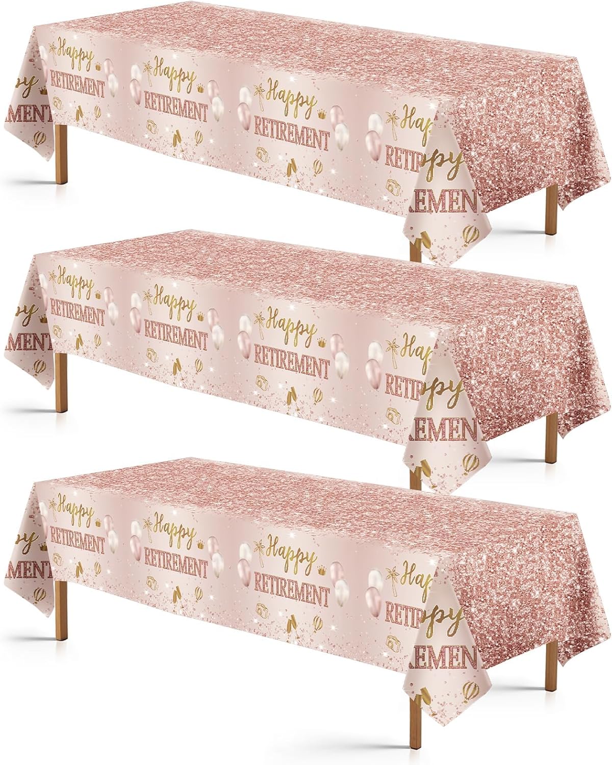 Grencian 3Pcs Rose Gold Retirement Tablecloth Pink Happy Retirement Table Cover Plastic Rectangle Women Happy Retired Table Cloth for Men Women Say Goodbye Going Away Party Supplies 54" x 108"