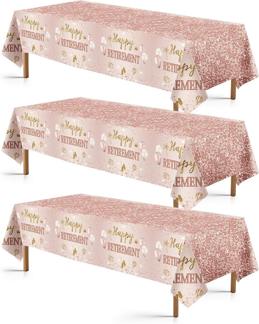 Grencian 3Pcs Rose Gold Retirement Tablecloth Pink Happy Retirement Table Cover Plastic Rectangle Women Happy Retired Table Cloth for Men Women Say Goodbye Going Away Party Supplies 54" x 108"