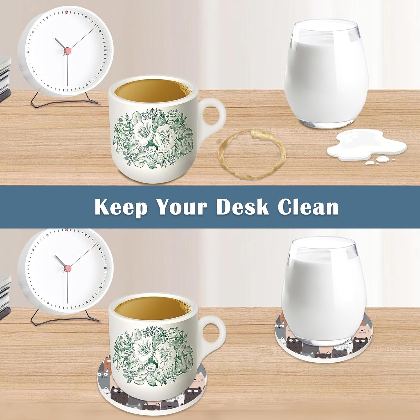 Coasters for Drinks,Cute Cat Gray Cats Absorbent Coaster Set of 4 with Cork Base,Ceramic Drink Coasters for Cold Drinks Wine Glasses Cups Mugs,Housewarming Gifts for Home Decor