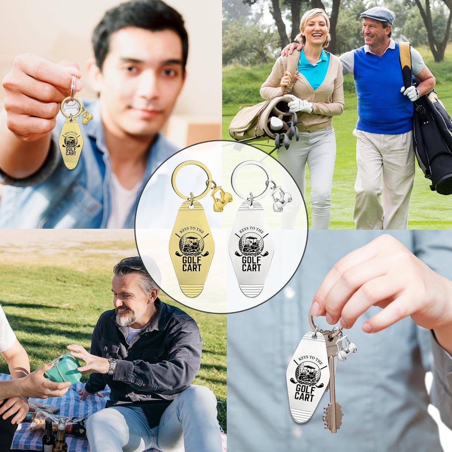 2pcs Golf Cart Keychain for Golfer, Retro Metal Car Accessories, Funny Golf Birthday Gifts Key Ring for Men Father Husband