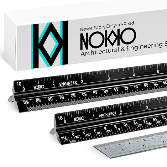 NOKKO 12 Inch Architectural and Engineering Scale Ruler Set - Professional Architect and Engineer Scale Rulers for Drafting, Architects, Engineers, Construction, Students, Metal Ruler 12 Inch Included