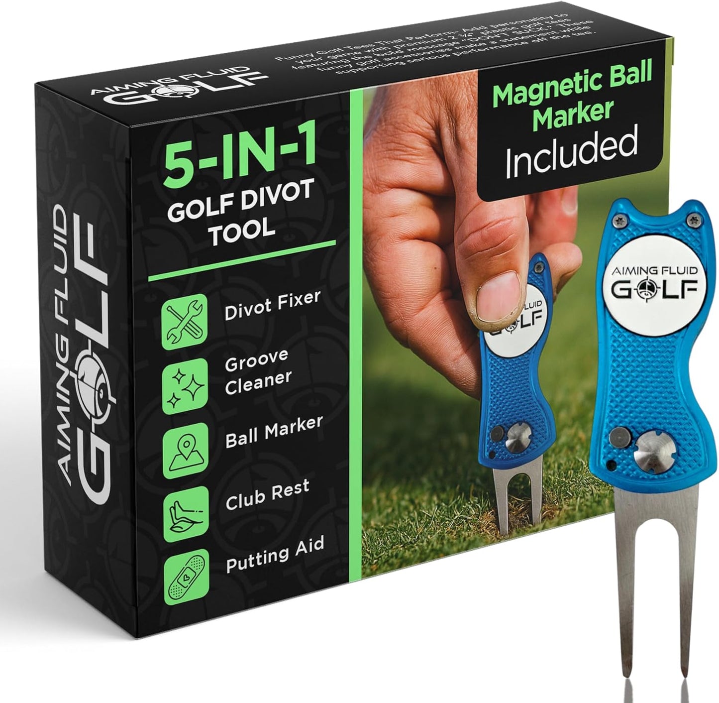 Golf Divot Repair Tool — 5-in-1 Golfing Ball Marker, Pitch Mark Repair, Putting Alignment, Club Tee, and Groove Cleaner, Accessory Metal Switchblade Design - Ideal Gift for Golfers